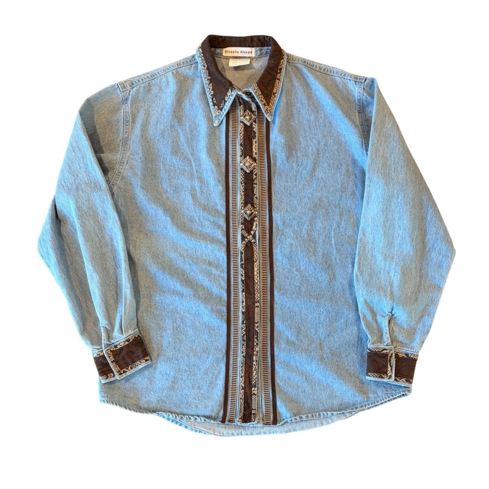 Streets Ahead Vintage 90s Denim Cowgirl Shirt M Snakeskin Conchos Western Rodeo